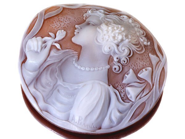 【ジュエリー極】アニエッロ・ペルニーチェ作 優雅な貴婦人の彫刻 高級シェルカメオルース 50.2mm×49mm w5686o【送料無料】拍卖