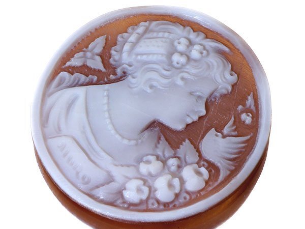【ジュエリー極】作家品サイン有り 美しい貴婦人と小鳥の彫刻 高級シェルカメオルース 35.5mm×35mm w5696-m【送料無料】拍卖