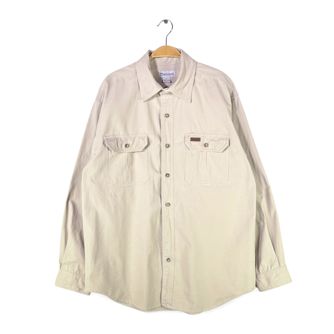 【送料無料】カーハート ワークシャツ コットンツィール 長袖シャツ ワンポイントロゴ ポケット ベージュ CARHARTT メンズL 古着 @CA9004拍卖