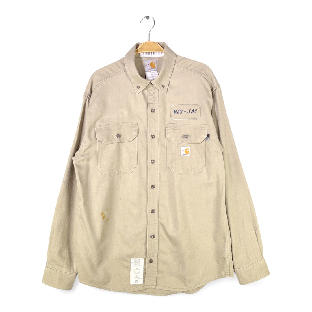 【送料無料】カーハート FR ワークシャツ ボタンダウン ペンキ 雰囲気系 ワッペン ワンポイントロゴ 長袖シャツ ベージュ メンズM @CA9006拍卖