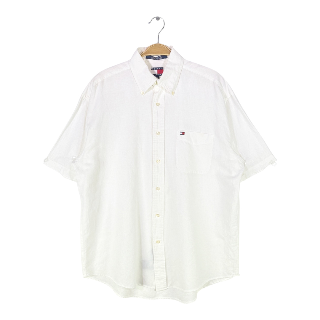 【送料無料】トミーヒルフィガー オックスフォードシャツ リネンシャツ 刺繍ロゴ ワンポイントロゴ 白 TOMMY HILFIGER M 古着 @CA9011拍卖