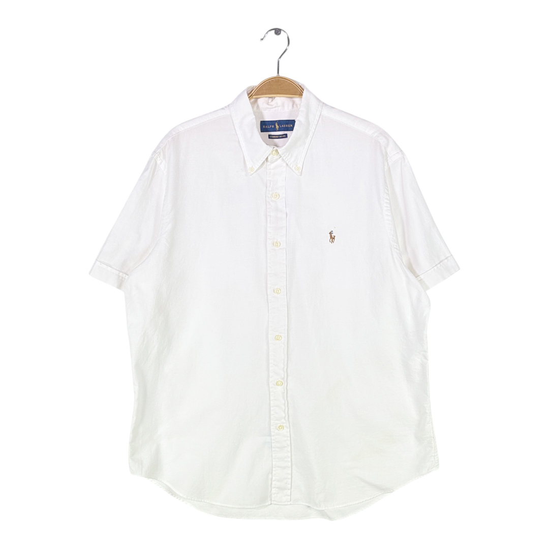 【送料無料】ラルフローレン シャンブレーオックスフォードシャツ ボタンダウンシャツ ワンポイントロゴ 三点留め ホワイト L 古着 @CA9008拍卖