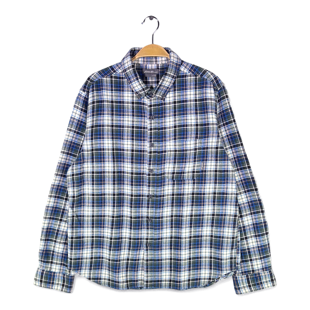 【送料無料】エディーバウアー ネルシャツ ライトフランネル 長袖シャツ タータンチェック Eddie Bauer 青白黒 メンズL 古着 @CA9014拍卖