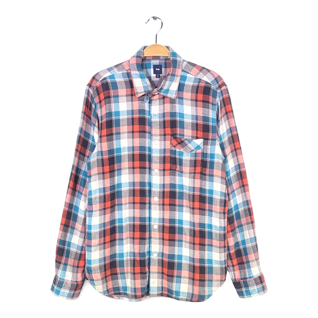 【送料無料】ギャップ ネルシャツ ライトフランネル マチ付き チンスト チェック柄 長袖シャツ GAP 青赤 メンズM 古着 @CA9016拍卖