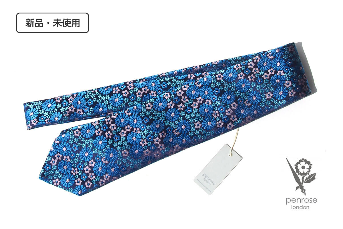 送料無料★新品|未使用|ペンローズ ロンドン|penrose london|フラワー柄シルクネクタイ|04|Blue Base拍卖