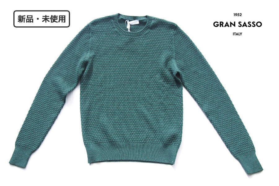 送料無料★新品|未使用|グランサッソ|Gran Sasso|イントレチャート編みクルーネックニットセーター|44|グリーン拍卖