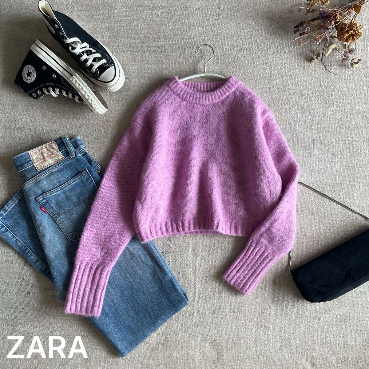 ZARA ザラ CROPPED KNIT SWEATERクロップドニットセーター モヘア ウール ピンク レディースSサイズ 美品 長袖 トップス 拍卖