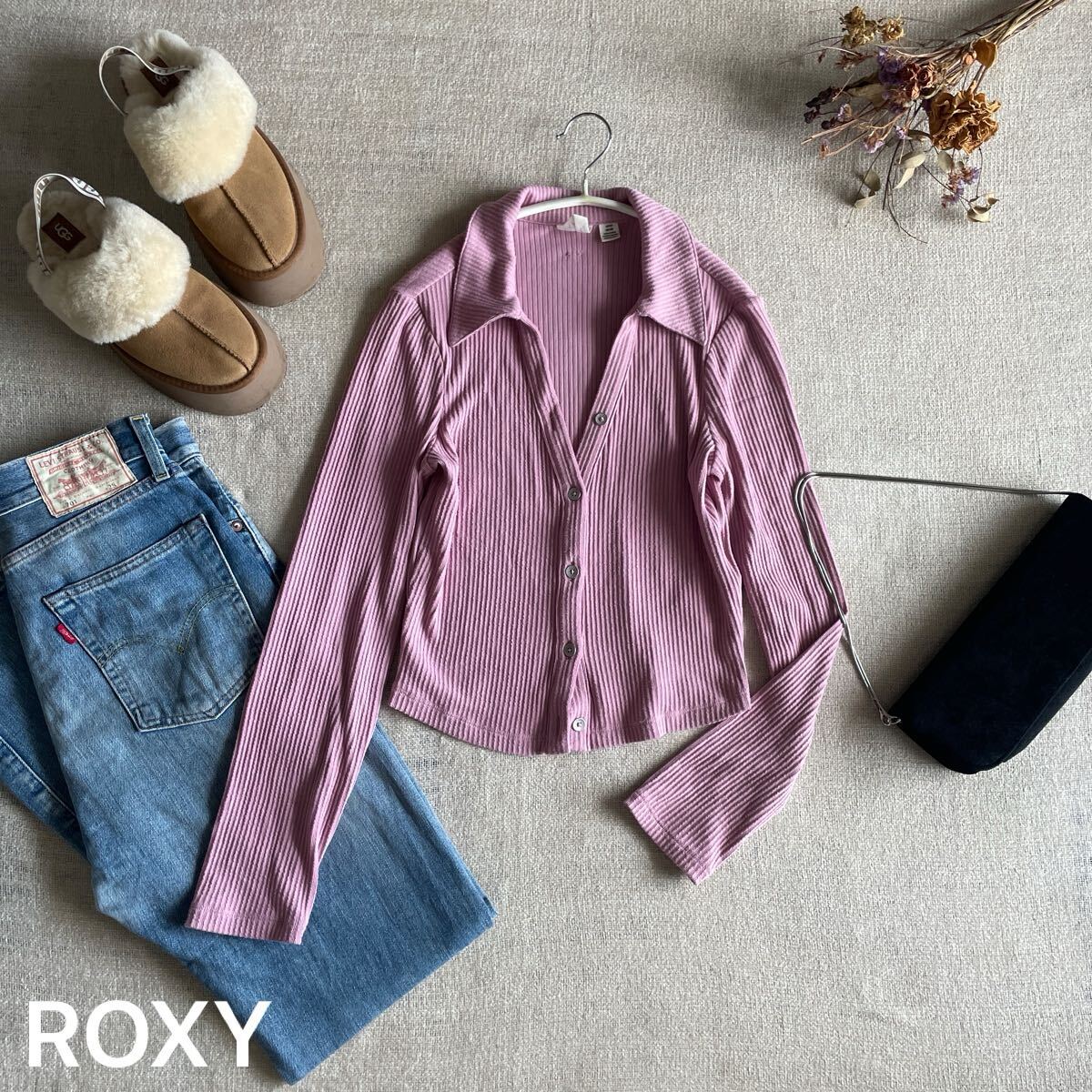 ROXY シャツトップス PETAL BLIZZARD CARDI デザイン ニット 長袖 ロキシー リトップス ピンク シャツ タイト レディースSサイズ 拍卖