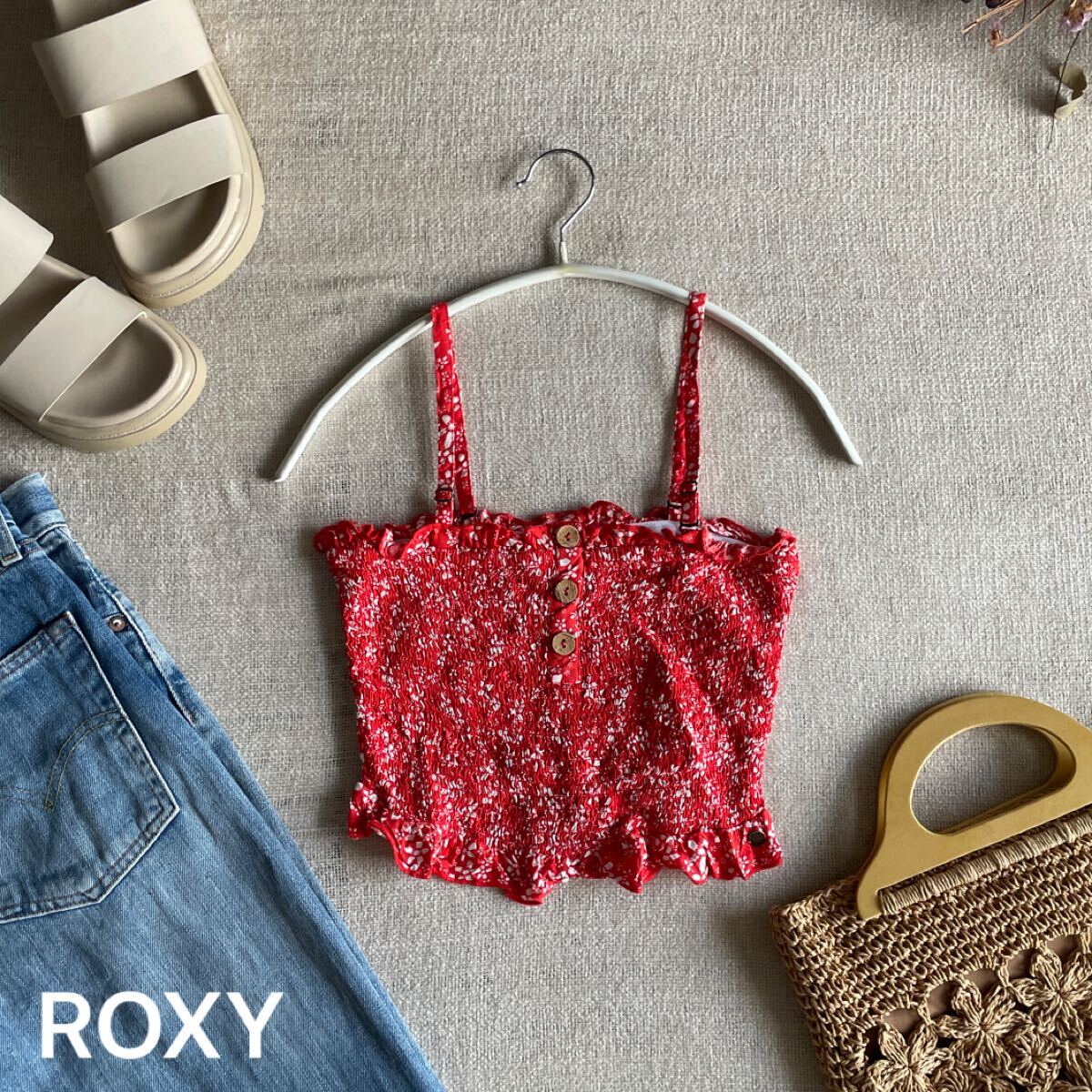 ROXY キャミソール トップス チューブトップ ノースリーブ 赤 小花柄 レトロ フラワー ロキシー Sサイズ 未使用 ギャザー 拍卖