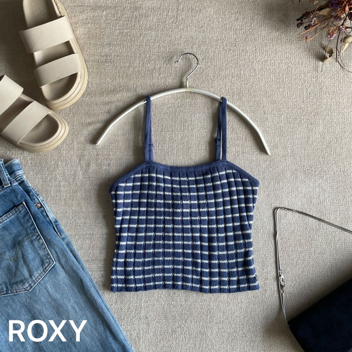 ROXY ニットキャミソール ボーダー 青 ブルー レディースXSサイズ ノースリーブ トップス ロキシー  タンクトップ 未使用拍卖