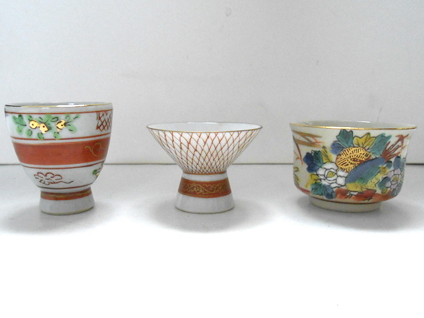 九谷焼★覚山 庄三等 盃 赤絵網目文様 花文様 花鳥文様 3種拍卖