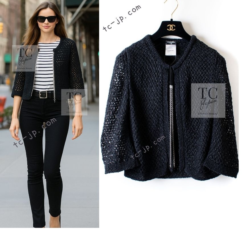 シャネル カーディガン CHANEL ブラック 黒 CC シルバー チェーン コットン ストレッチ ポインテル 編み ニット 人気 定番 超美品 40 42拍卖