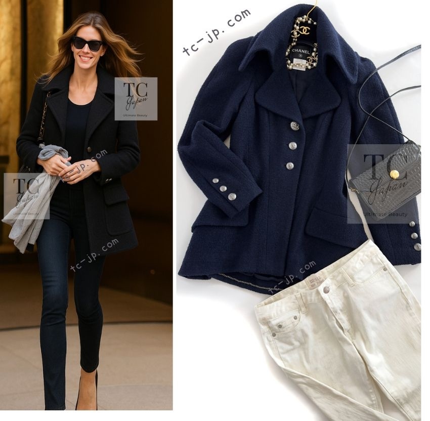 シャネル ジャケット コート CHANEL ダーク ネイビー ウール 大きい ライオン ボタン カール・ラガーフェルド 人気 超美品 36拍卖