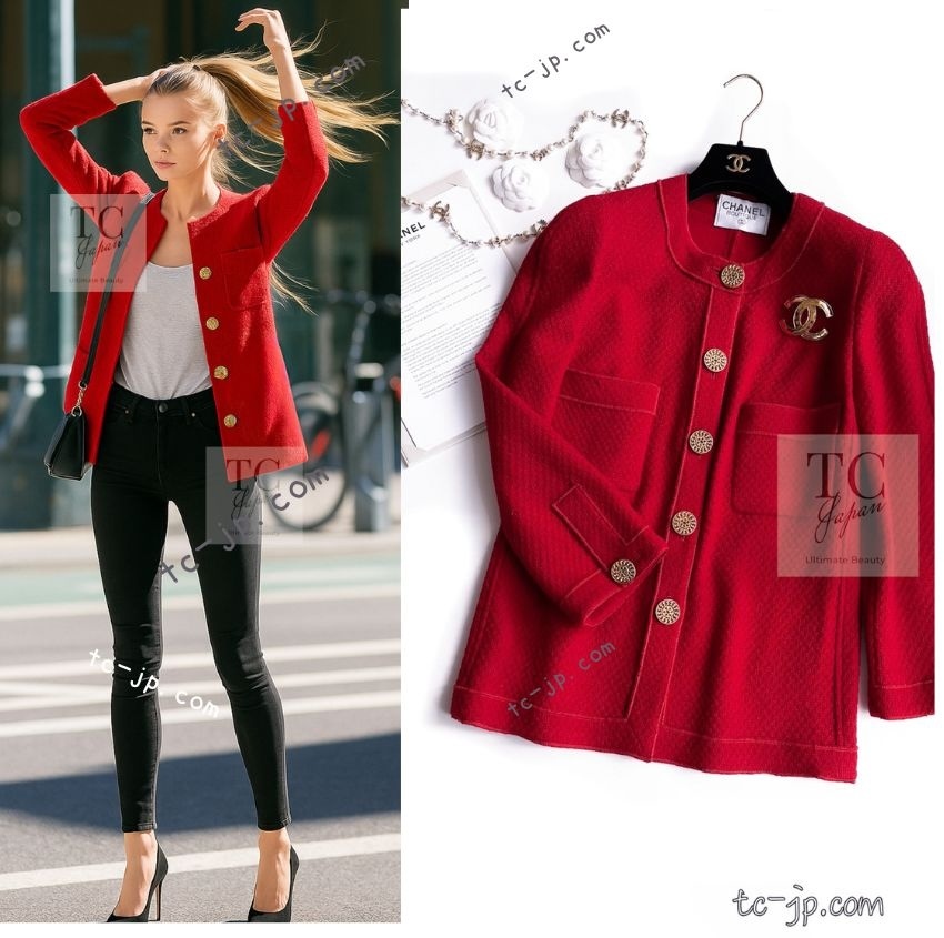 シャネル ジャケット CHANEL ヴィンテージ レッド ゴールド ボタン コットン ツイード カール・ラガーフェルド 美品 42拍卖