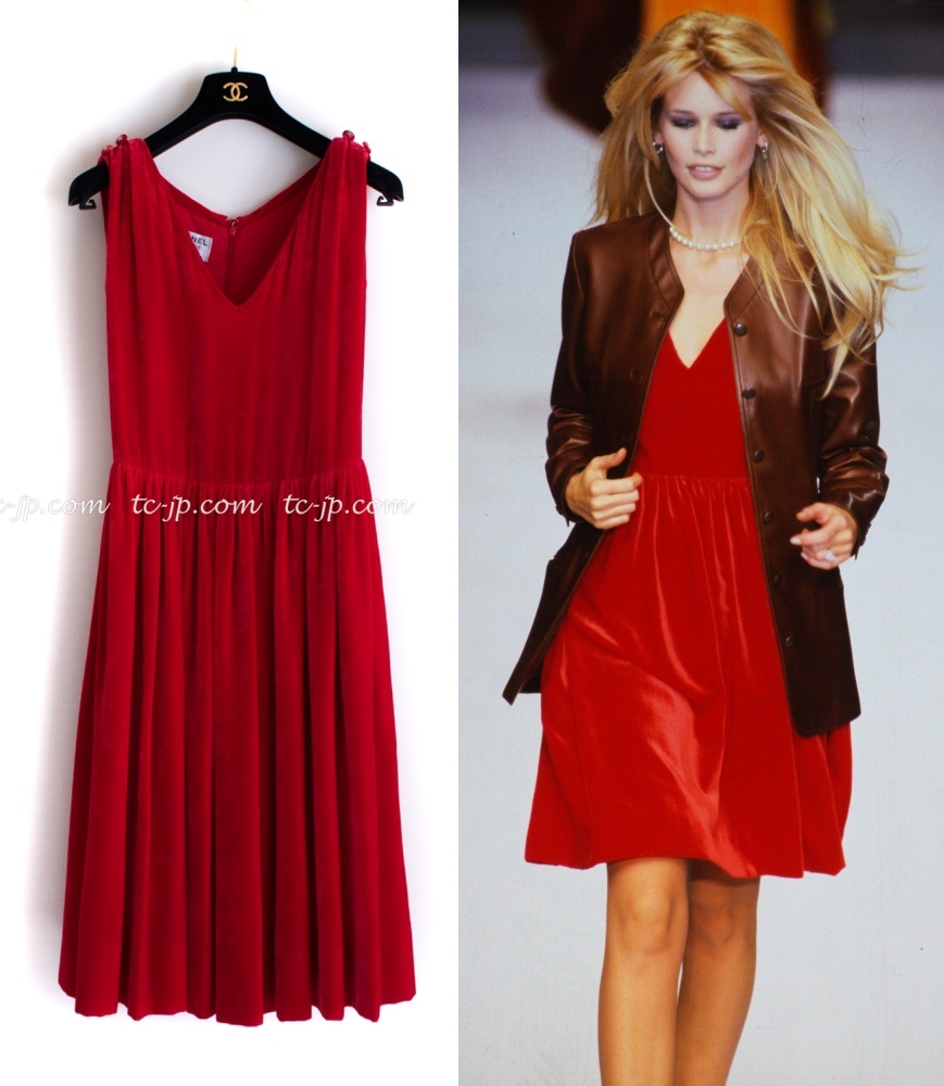 シャネル ドレス ワンピース CHANEL スーパーモデルのレッド バターのとろみベルベット ヴィンテージ 貴重 レア 新品同様 38 40 カール拍卖