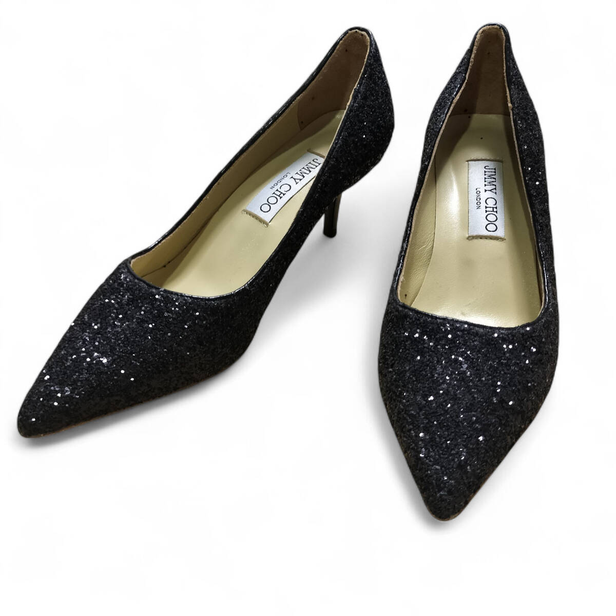 【美品】JIMMY CHOO ジミーチュウ パンプス ラメ グリッター ブラック 黒 ヒール 37 24㎝相当拍卖