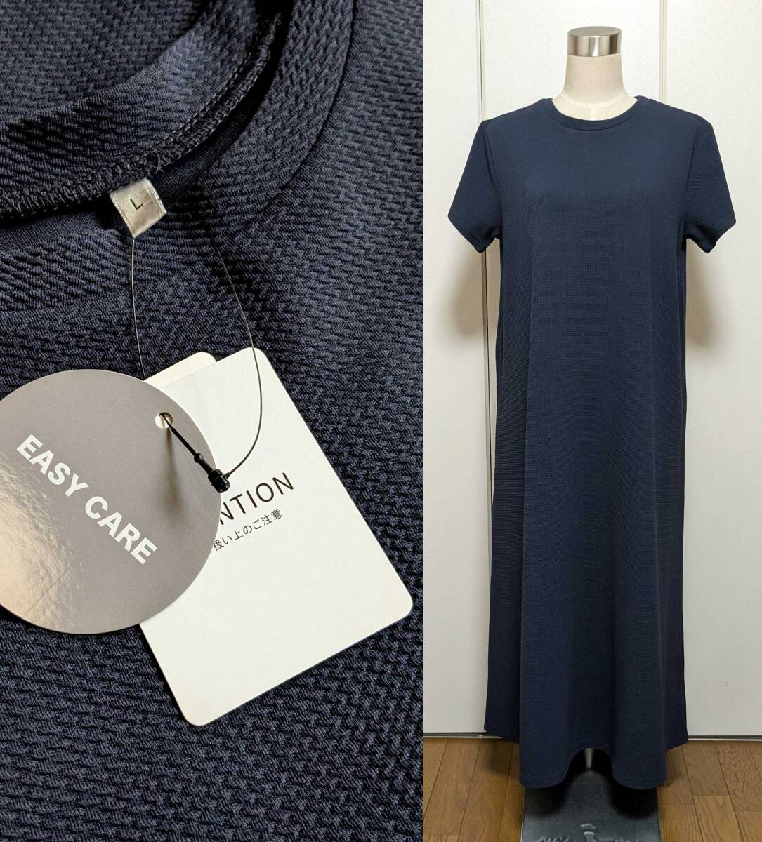 ■is_063 レディース 大きいサイズ お洒落 ★ 新品 未使用 タグ付 半袖 ロングワンピース ネイビー 紺色 Lサイズ 伸縮性 旅行 ゆったり拍卖