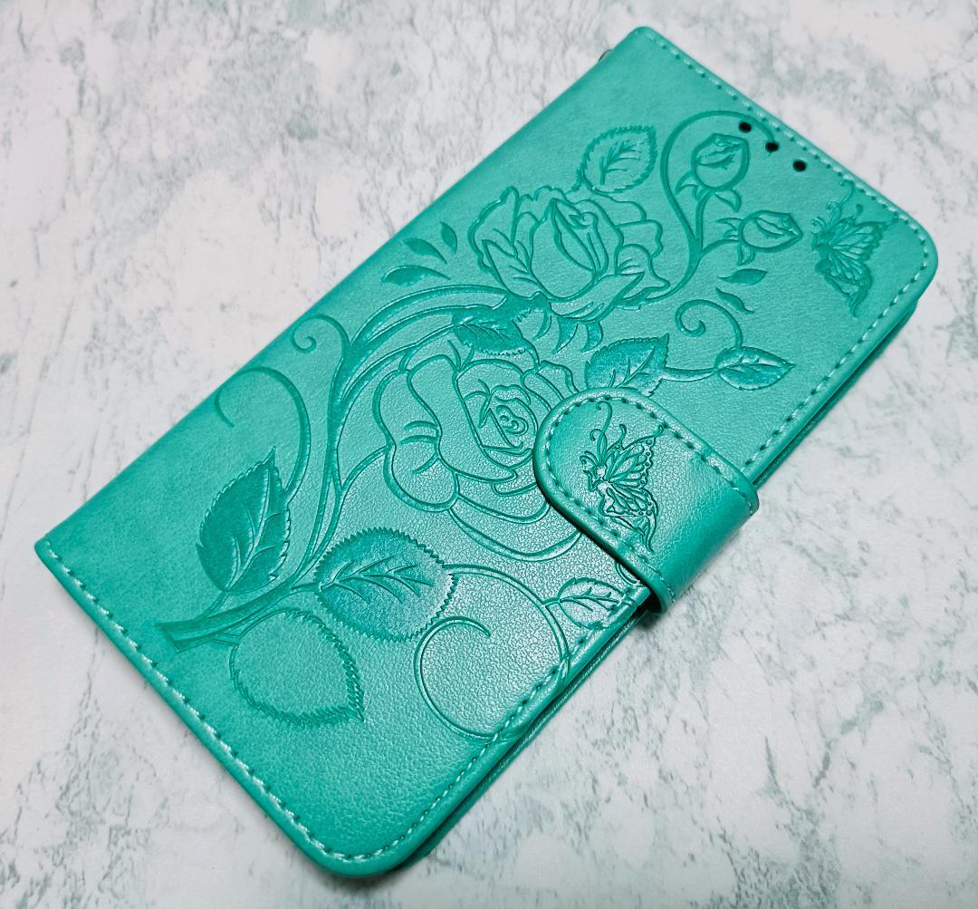手帳型 iPhoneXR 用 スマホケース 薔薇 蝶 リーフ グリーン 緑色拍卖