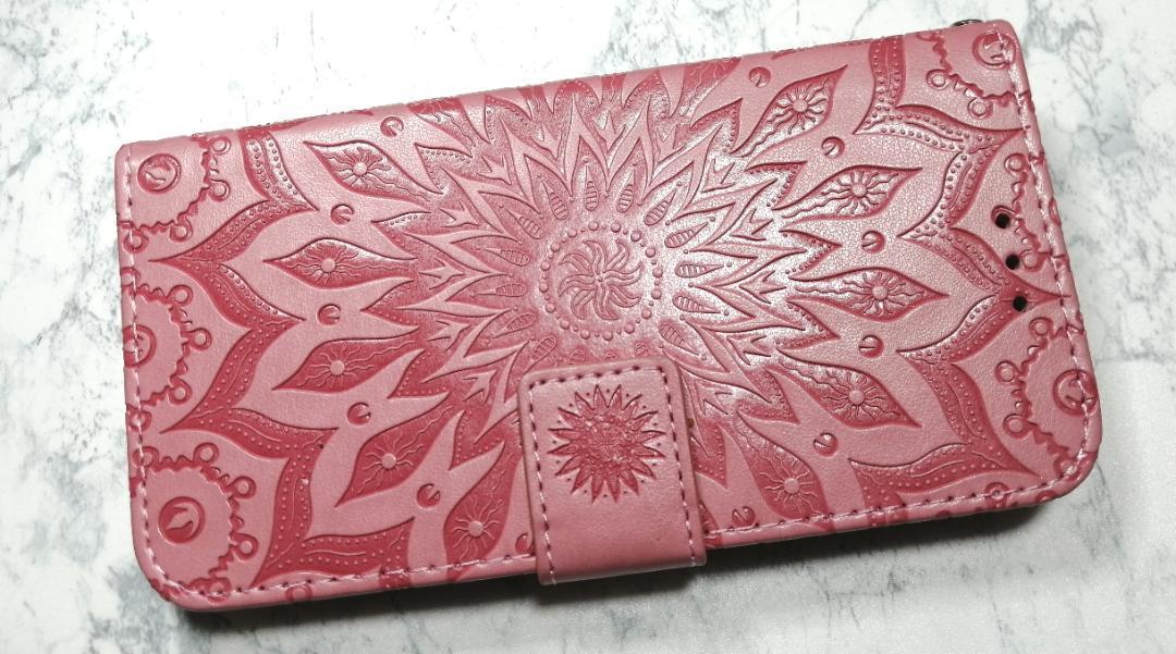手帳型 iphone12/12pro用 ケース 浮彫エスニック柄 ピンク拍卖