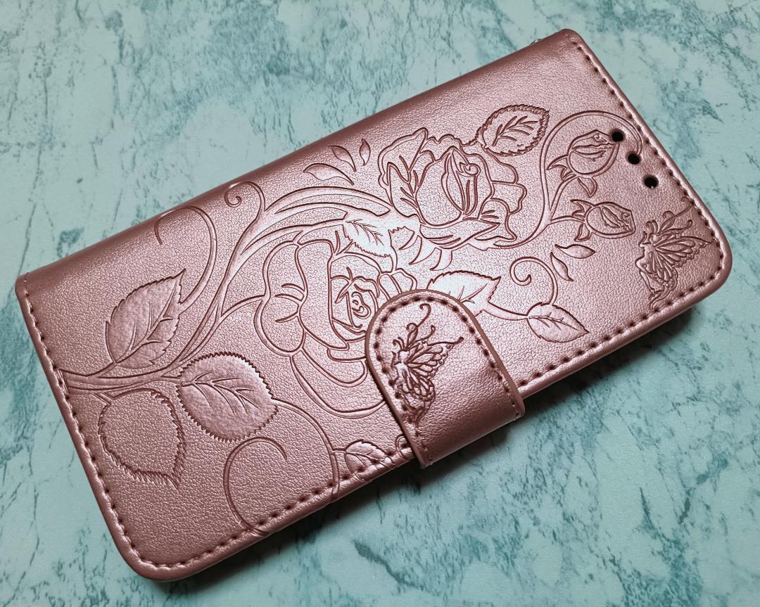 Galaxy S23 用 スマホケース 手帳型 薔薇 蝶 リーフ ピンクゴールド拍卖