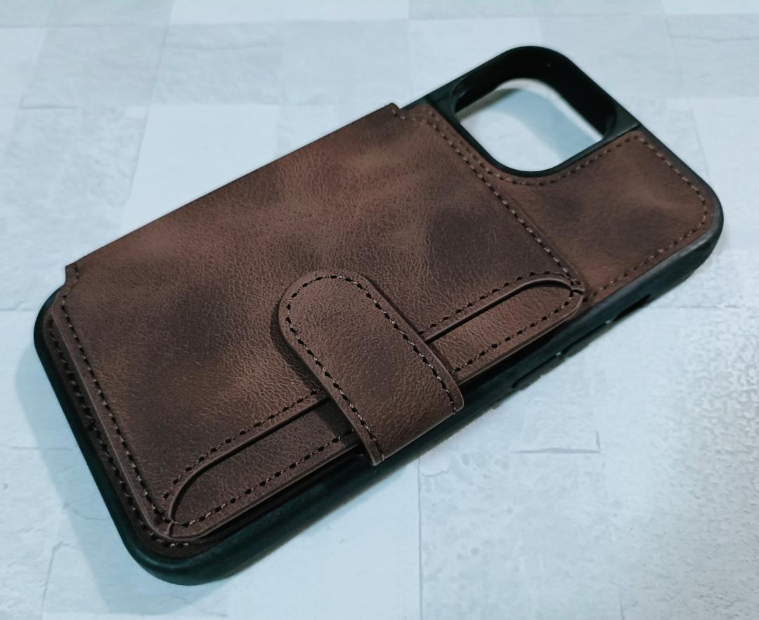 iPhone14/13 用 ケース カード入れ 背面手帳型 PUレザー 茶色拍卖