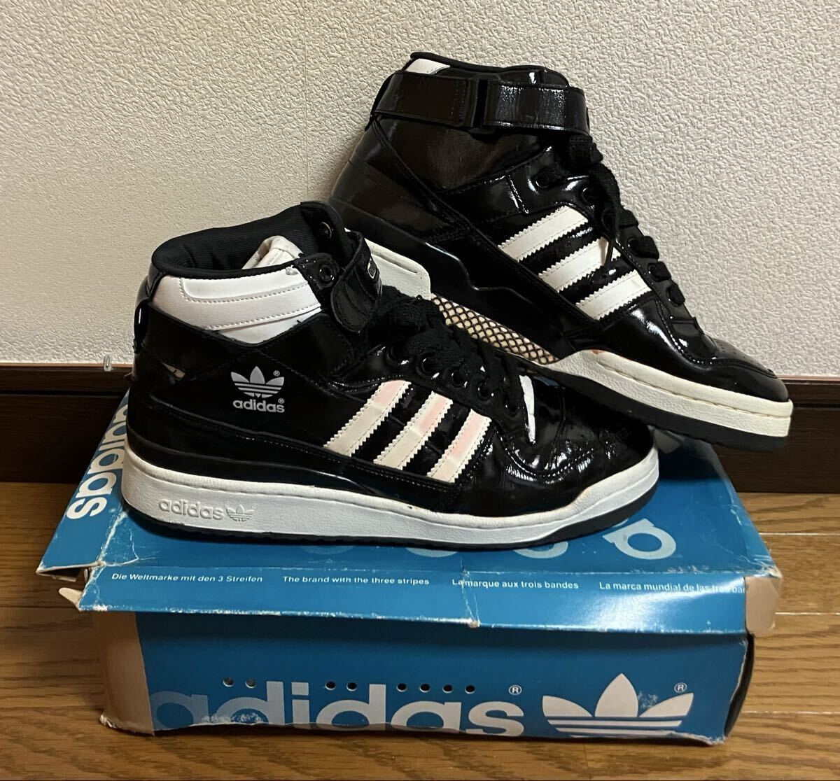 ヴィンテージ 1990年代 90's 韓国製 adidas アディダス FORUM フォーラム HI エナメル ブラック 27.5cm パテント 黒 Korea 小山田圭吾着拍卖