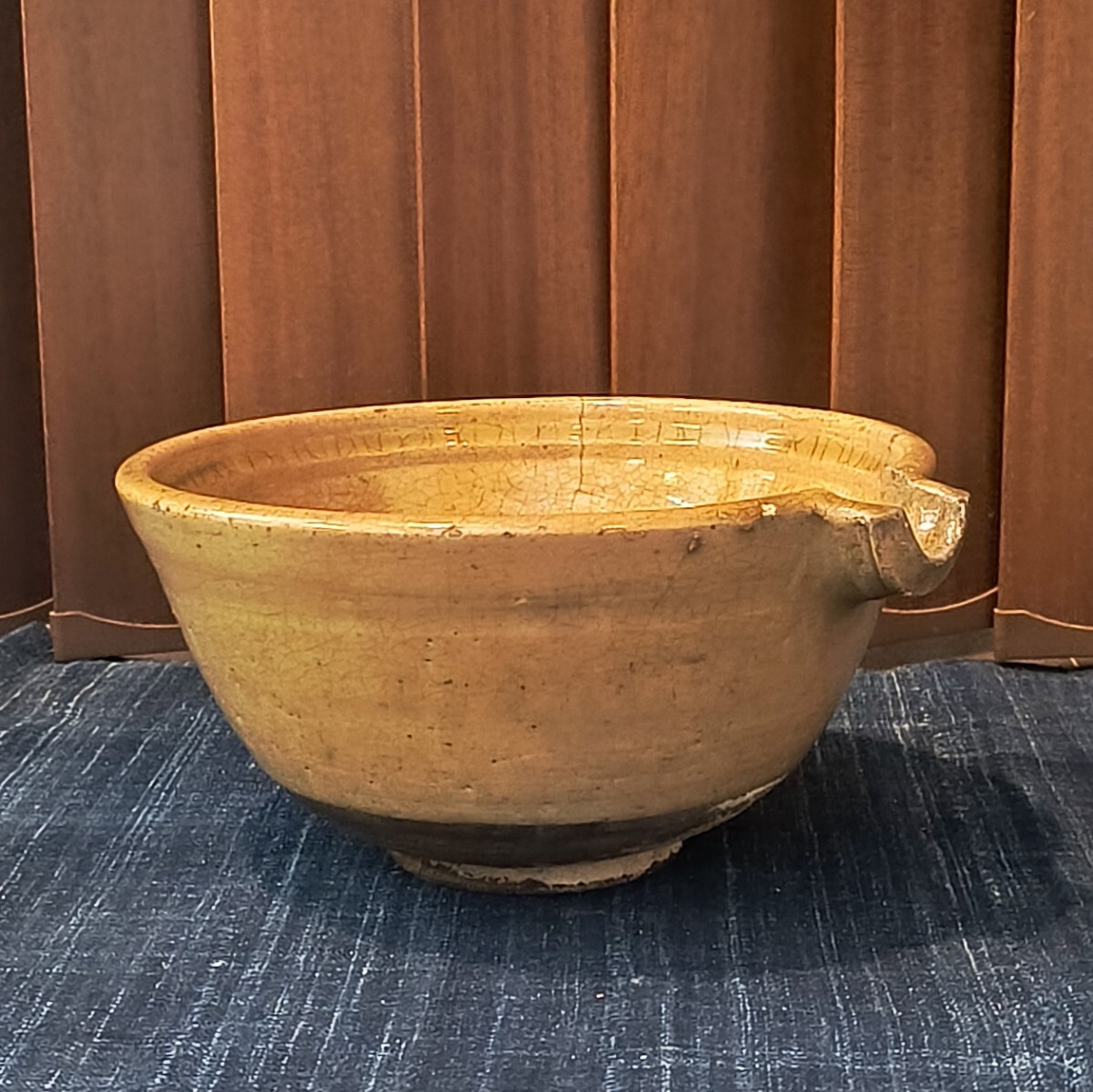 幕末 明治 瀬戸 灰釉 大片口 検) 古瀬戸 黄瀬戸 美濃焼 古道具 骨董 民芸 古民芸 酒器 酒次 酒上げ 石皿 片口 大鉢拍卖