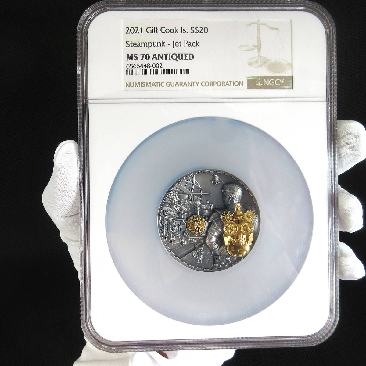 【最高鑑定 唯一出品】 スチームパンク ジェットパック 2021 クック諸島 20ドル銀貨 NGC MS70 ANTIQUED GILT 3オンス アンティークコイン拍卖