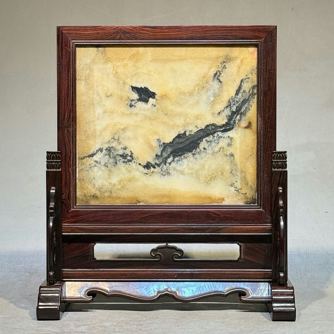 ■観心・時代旧蔵■K0800清時代 黄花梨屏風 天然雲石象嵌 黄花梨木細密細工★古置物★古賞物★古擺件★蒐集家放出★唐物拍卖