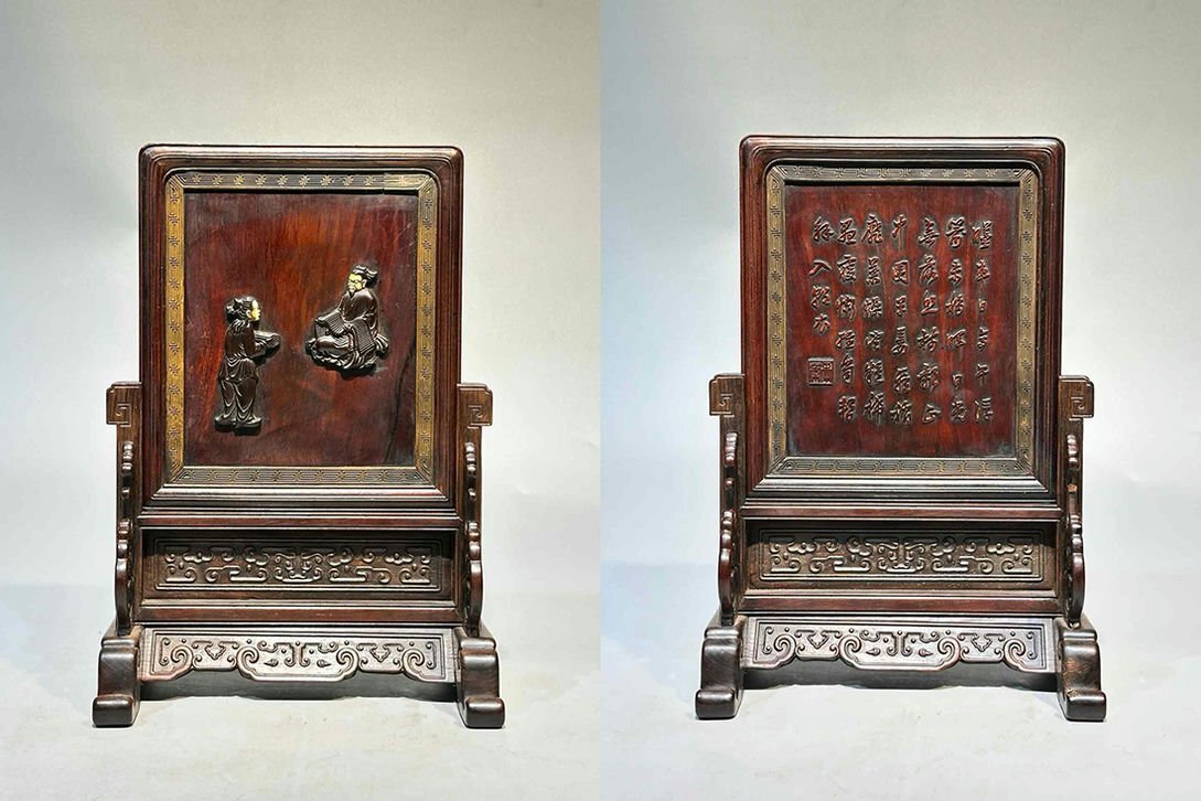■観心・時代旧蔵■K0892清時代 黄花梨屏風 小叶紫檀象嵌 黄花梨木細密細工★古置物★古賞物★古擺件★蒐集家放出★唐物拍卖