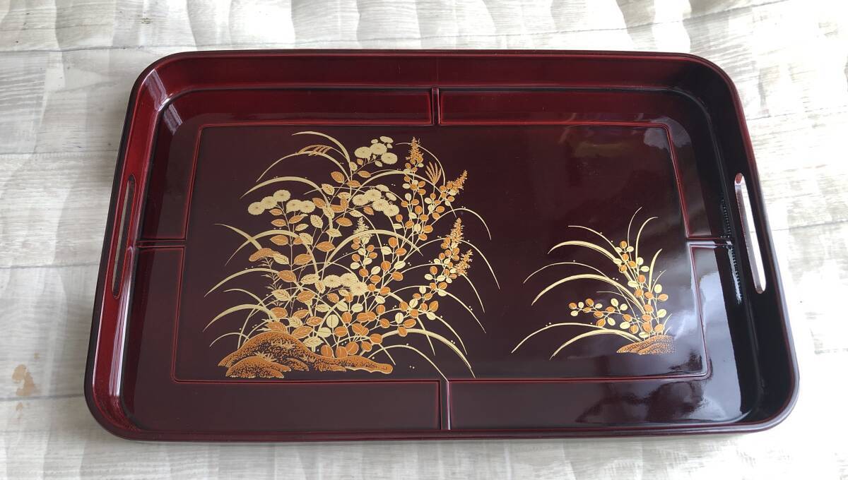 ☆N〜未使用♪漆 お盆 長方形 大きめ やや深さあり ×ne10拍卖