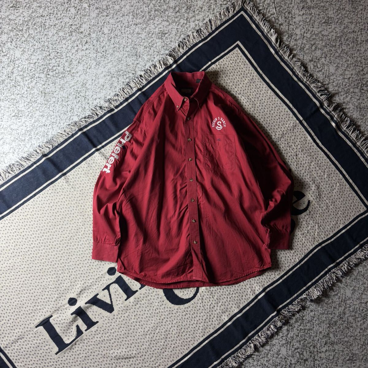 【90sオールド】ビッグシルエット 刺繍ロゴ BD L/Sワークシャツ レッド Lサイズ 古着 企業物拍卖