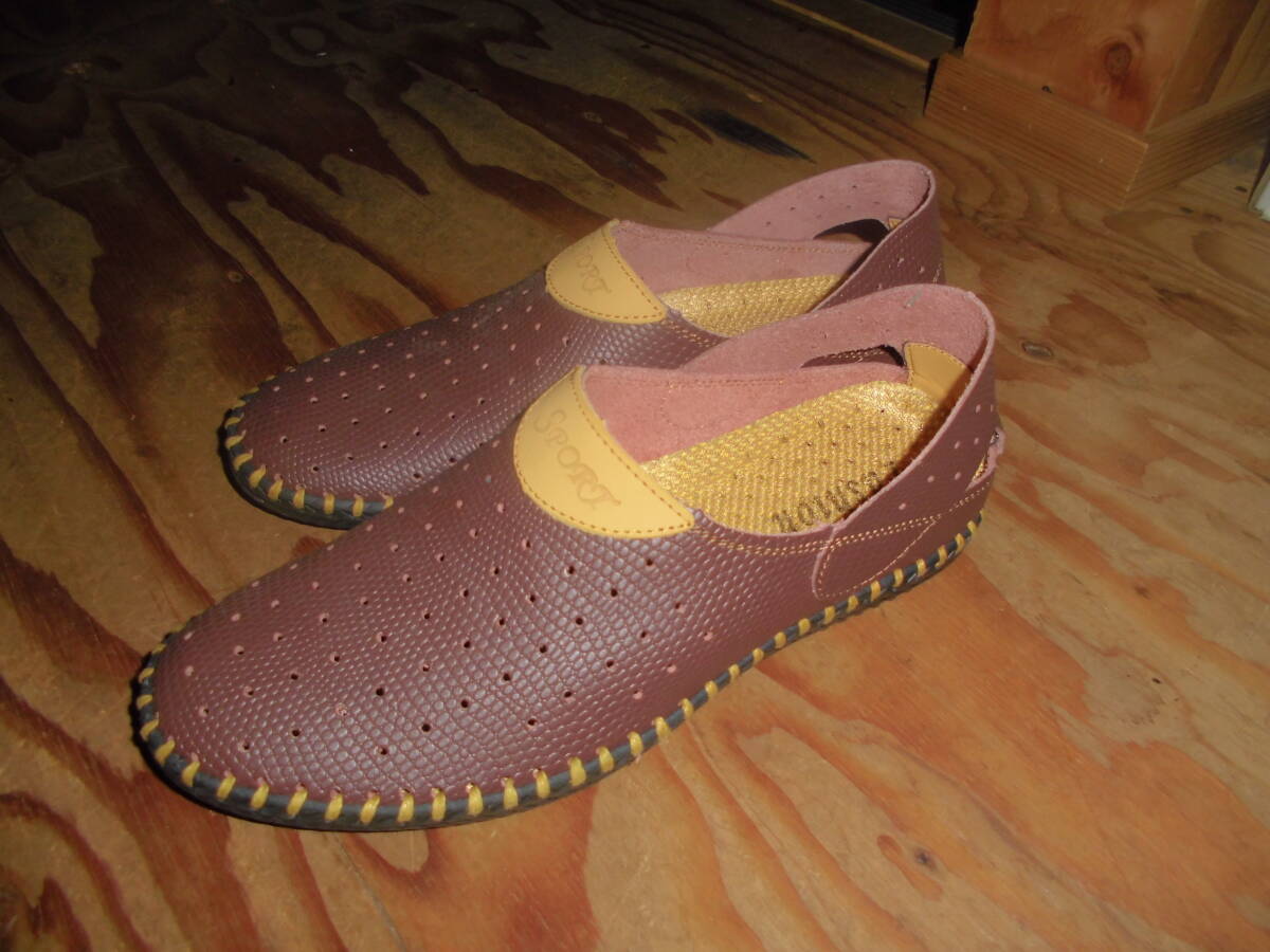本革 パンチメッシュレザー スニーカー スリッポン サンダル かかと踏み40 茶拍卖