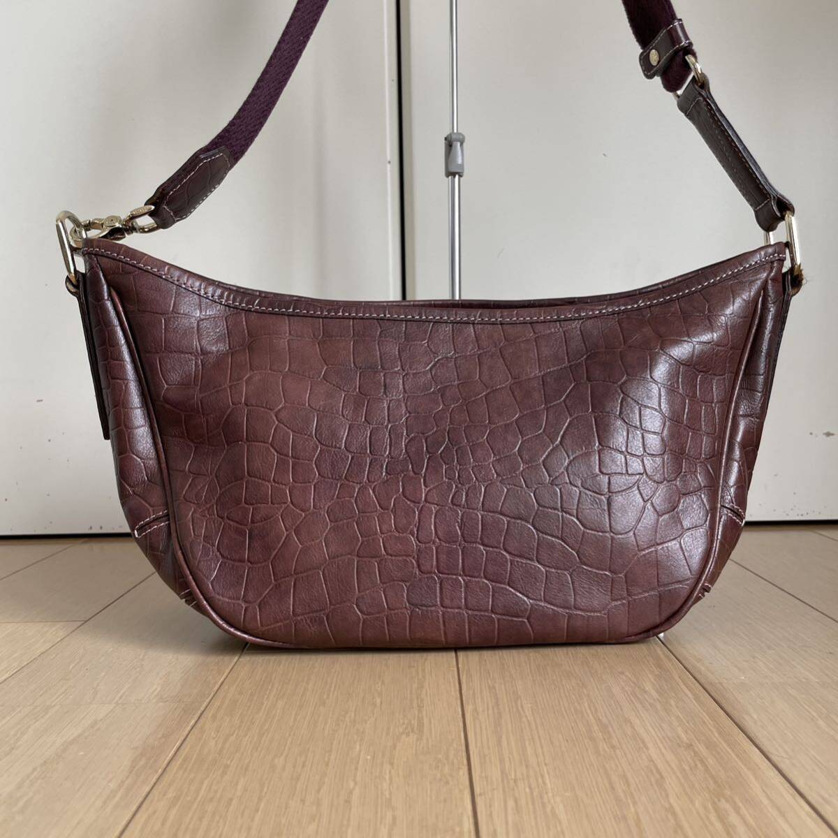 最終価格 アニアリ Aniary レザーショルダーバッグ S ダークブラウン中古クロコ型押し拍卖