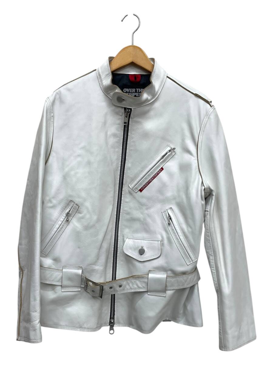 OVER THE STRIPES! (オーバーザストライプス) シングルライダースレザージャケット 裏地キルティング L ホワイト メンズ/045拍卖