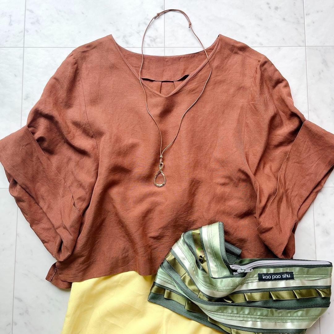 美品 シップス SHIPS 洗える リネン ブラウス プルオーバー トップス ボリュームスリーブ 半袖 麻 ブラウン 茶拍卖