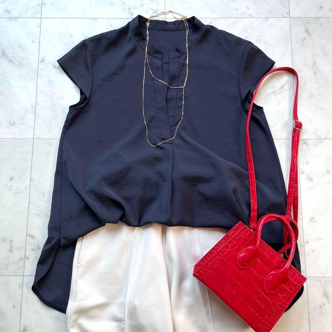 ボールジィ トゥモローランド Ballsey TOMORROWLAND シャツ ブラウス フレンチスリーブ ノースリーブ キーネック ネイビー 紺 38拍卖