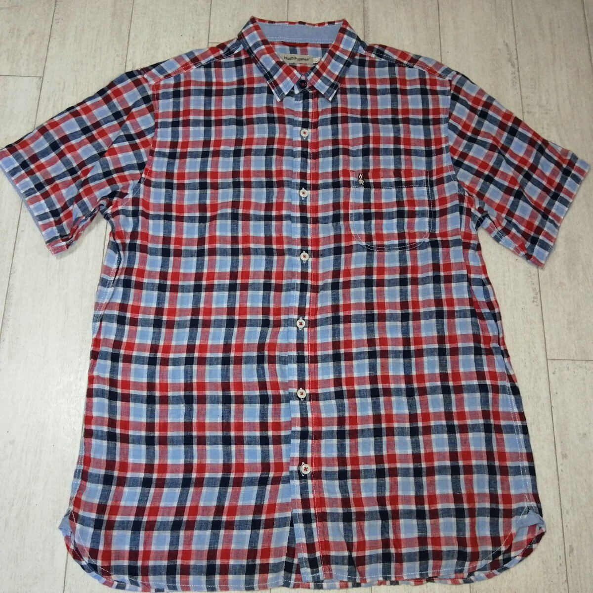 美品/Hush Puppies/ハッシュパピー/麻シャツ/リネン/チェック/トップス/メンズ/半袖拍卖