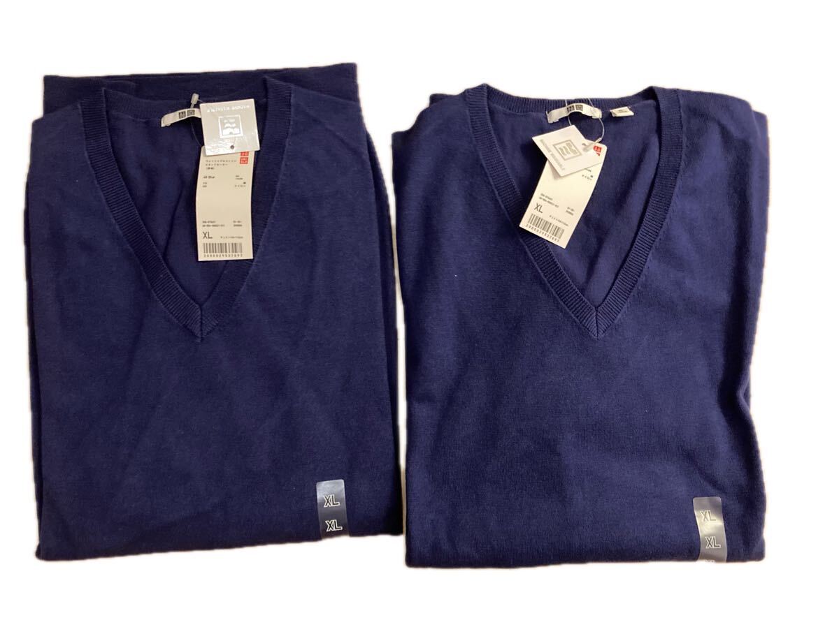 UNIQLO ユニクロ ウォッシャブルコットンVネック ネイビー セーター ニット長袖 ビジネス 未使用 メンズ 秋冬 XL 二着セット 送料無料拍卖