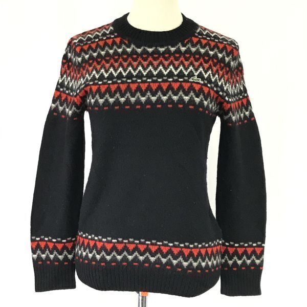ラコステ/LACOSTE★100%ピュアニューウール/ノルディック柄セーター【40/レディースM程度/黒×赤/black×red】Tops/sweater◆BH560拍卖