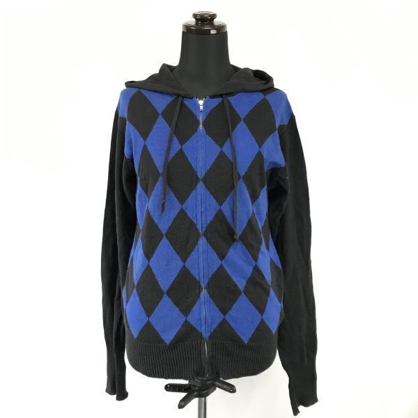 ビームスボーイ/BEAMS BOY★ジップアップ/ニットパーカー【レディースL程度/黒×青/アーガイル】Jacket◆BH913拍卖