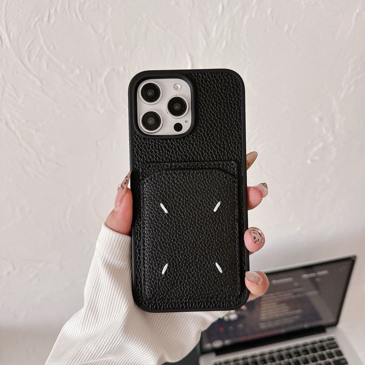 iPhone14 ケース case 刺繍 ポケット付き ケース iPhone ブラック カード収納 黒拍卖