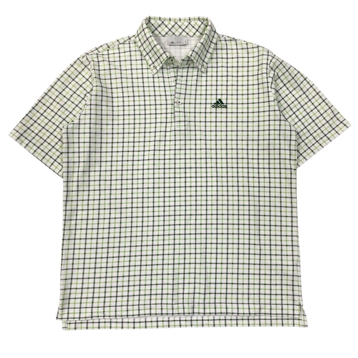 テーラーメイド製 adidas(アディダス)半袖ポロシャツ 刺繍ロゴ 鹿の子 チェック柄 メンズM グリーン系/ホワイト拍卖
