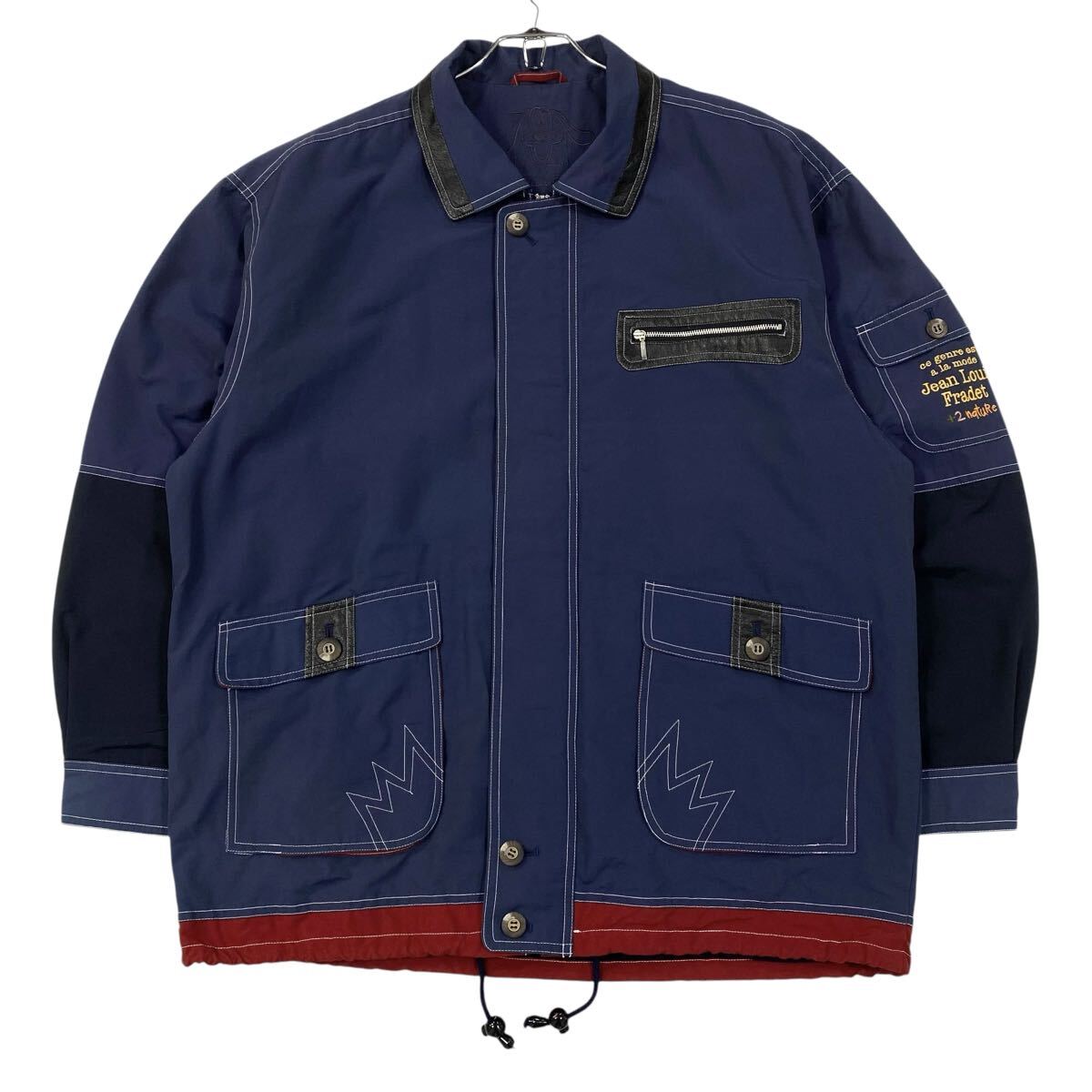 良品 Jean Louis Fradet(ジャンルイフラデ)ジップジャケット ブルゾン 刺繍ロゴ メンズL ネイビー系/レッド系拍卖