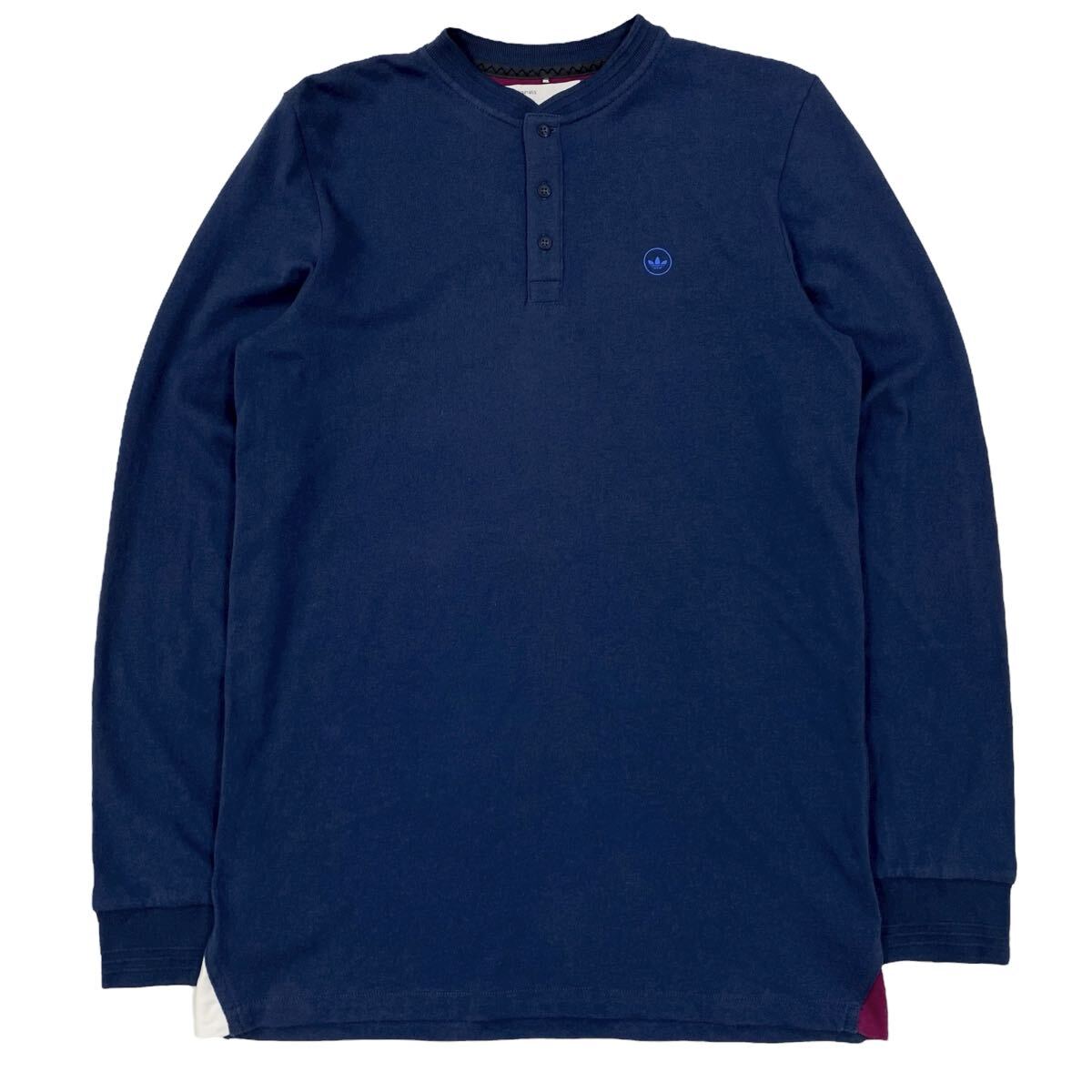 adidas(アディダス)長袖カットソー ハーフボタン ロンT プリントロゴ メンズM ネイビー系拍卖