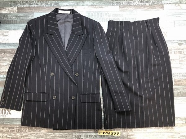 NEWYORKER ニューヨーカー レディース 日本製 肩パッド ストライプ ダブルボタンジャケット・スカート 上下セットアップ 7 ネイビー拍卖