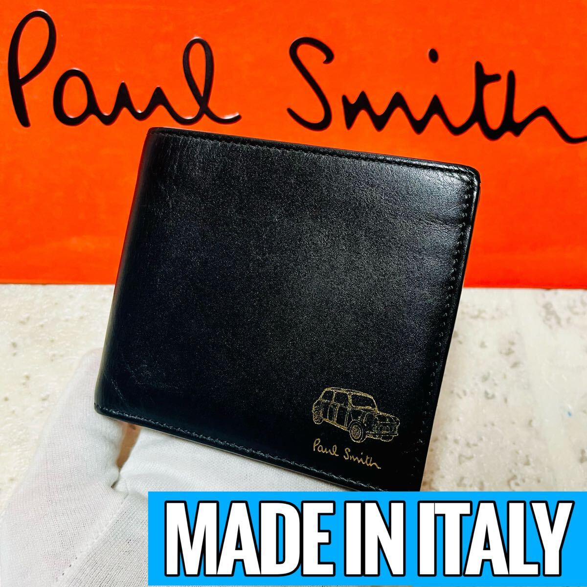良品 ポールスミス PaulSmith イタリア製 ミニクーパー ミニエンボス マルチストライプ 二つ折り財布 ブラック メンズ レディース 9244拍卖