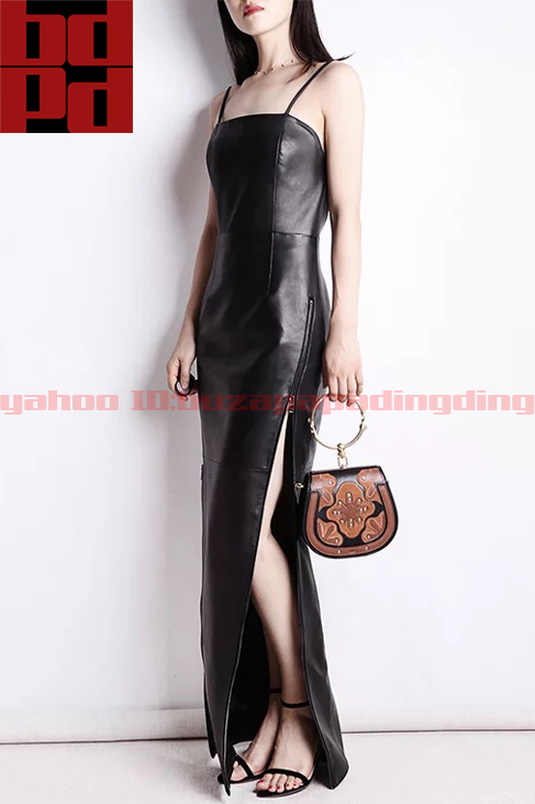 輸入ラムレザー セクシー オープンバック ホルターネック イブニングドレス ロングワンピース 背面ロングジップ フォーマル 大人可愛い Z88拍卖