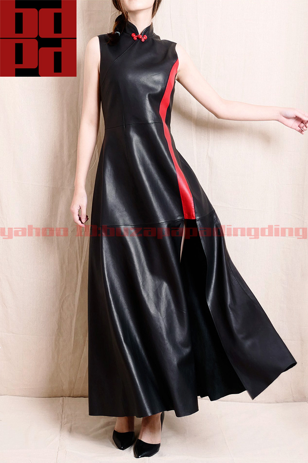 トルコ産 超柔軟シープレザー チャイナドレス風 礼服 チャイナボタン 中式 ロングレザーワンピース 大人可愛い エレガント フォーマル Z94拍卖