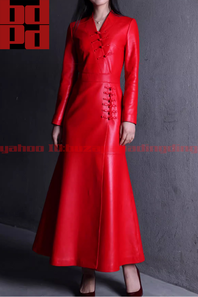 ラムレザー チャイナドレス マーメイド ロングドレス レディース 秋冬 レザードレス おしゃれ きれいめ 手芸 ボタン 上品 フォーマル Z65拍卖